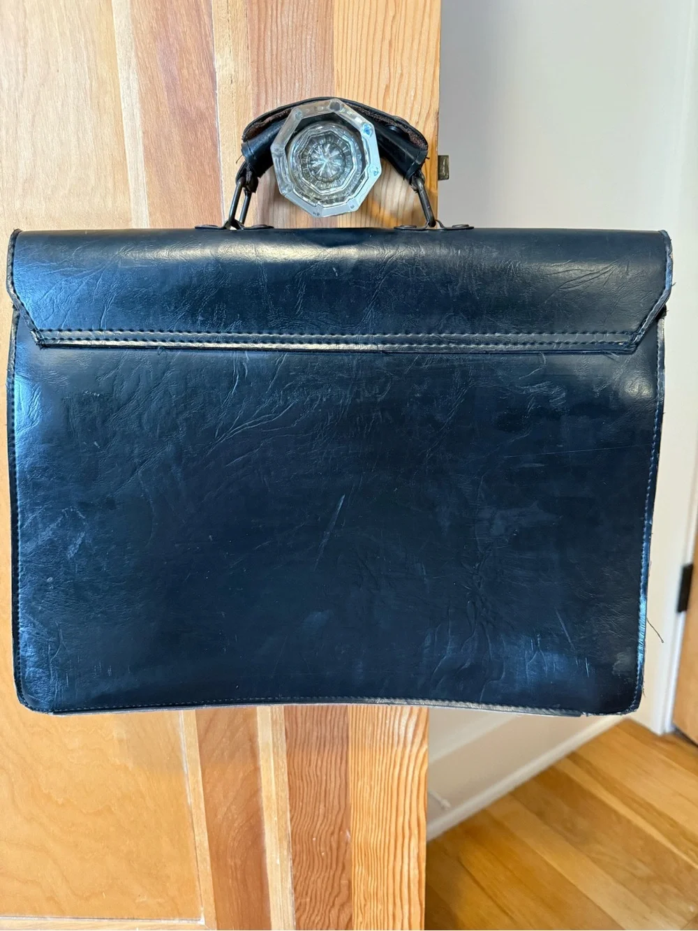 Men's Vintage Black Leather Briefcase with Antique Brass Hardware Work Travel